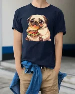 Cute Pug Burger T-Shirt Funny Dog Fast Food Graphic Tee - model wearing navy tee with hands in pockets