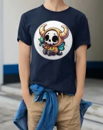 Cute Demon Skull T-Shirt Kawaii Halloween Cartoon Graphic Tee - model wearing navy tee with hands in pockets