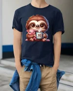 Cute Sloth Coffee T-Shirt Funny No Talking Graphic Tee - model wearing navy tee with hands in pockets