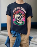 Weird Until The End Skull T-Shirt Retro Gothic Graphic Tee - model wearing navy tee with hands in pockets