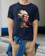Funny Tribal Chief Cartoon T-Shirt Vintage Humor Graphic Tee - model wearing navy tee with hands in pockets