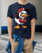 Cool Duck Streetwear T-Shirt Funny Cartoon Graphic Tee - model wearing navy tee with hands in pockets