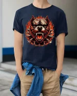 Fierce Pitbull Flame T-Shirt Aggressive Dog Graphic Tee - model wearing navy tee with hands in pockets