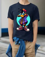 Cool Hip Hop Duck T-Shirt Streetwear Cartoon Graphic Tee - model wearing navy tee with hands in pockets