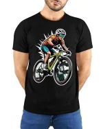 Mountain Bike Rider T-Shirt Cycling Sports Graphic Tee - model wearing black tee with hands behind back