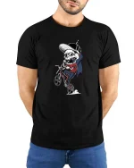 Funny Skeleton BMX Rider T-Shirt Cool Skull Bike Graphic Tee - model wearing black tee with hands behind back