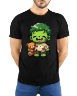 Cute Zombie Kid T-Shirt Funny Halloween Cartoon Graphic Tee - model wearing black tee with hands behind back