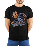 Cool Skateboarding Dog T-Shirt Funny Skater Graphic Tee - model wearing black tee with hands behind back