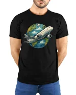 Airplane Around The World T-Shirt Travel Lover Graphic Tee - model wearing black tee with hands behind back