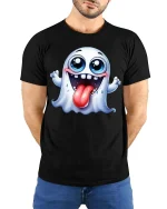 Funny Cute Ghost T-Shirt Silly Halloween Cartoon Graphic Tee - model wearing black tee with hands behind back