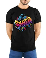 Skater Graffiti T-Shirt Colorful Skateboard Street Art Tee - model wearing black tee with hands behind back