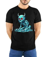 Melting Demon Skull T-Shirt Creepy Horror Skeleton Graphic - model wearing black tee with hands behind back