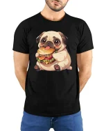 Cute Pug Burger T-Shirt Funny Dog Fast Food Graphic Tee - model wearing black tee with hands behind back