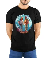 Travel Couple World Adventure T-Shirt Wanderlust Graphic Tee - model wearing black tee with hands behind back