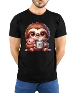 Cute Sloth Coffee T-Shirt Funny No Talking Graphic Tee - model wearing black tee with hands behind back