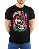 Weird Until The End Skull T-Shirt Retro Gothic Graphic Tee - model wearing black tee with hands behind back