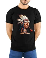 Funny Tribal Chief Cartoon T-Shirt Vintage Humor Graphic Tee - model wearing black tee with hands behind back