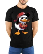 Cool Duck Streetwear T-Shirt Funny Cartoon Graphic Tee - model wearing black tee with hands behind back