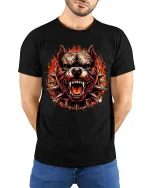 Fierce Pitbull Flame T-Shirt Aggressive Dog Graphic Tee - model wearing black tee with hands behind back