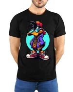 Cool Hip Hop Duck T-Shirt Streetwear Cartoon Graphic Tee - model wearing black tee with hands behind back