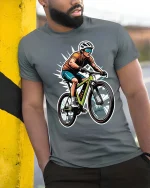 Mountain Bike Rider T-Shirt Cycling Sports Graphic Tee - model wearing grey tee, leaning on column