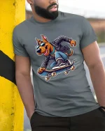 Cool Skateboarding Dog T-Shirt Funny Skater Graphic Tee - model wearing grey tee, leaning on column