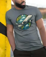 Airplane Around The World T-Shirt Travel Lover Graphic Tee - model wearing grey tee, leaning on column