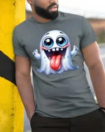 Funny Cute Ghost T-Shirt Silly Halloween Cartoon Graphic Tee - model wearing grey tee, leaning on column