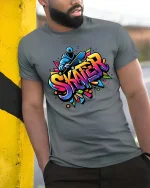 Skater Graffiti T-Shirt Colorful Skateboard Street Art Tee - model wearing grey tee, leaning on column