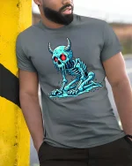 Melting Demon Skull T-Shirt Creepy Horror Skeleton Graphic - model wearing grey tee, leaning on column