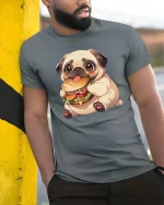 Cute Pug Burger T-Shirt Funny Dog Fast Food Graphic Tee - model wearing grey tee, leaning on column