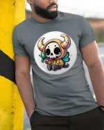 Cute Demon Skull T-Shirt Kawaii Halloween Cartoon Graphic Tee - model wearing grey tee, leaning on column