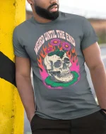 Weird Until The End Skull T-Shirt Retro Gothic Graphic Tee - model wearing grey tee, leaning on column