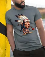 Funny Tribal Chief Cartoon T-Shirt Vintage Humor Graphic Tee - model wearing grey tee, leaning on column