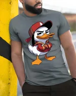 Cool Duck Streetwear T-Shirt Funny Cartoon Graphic Tee - model wearing grey tee, leaning on column