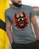 Fierce Pitbull Flame T-Shirt Aggressive Dog Graphic Tee - model wearing grey tee, leaning on column
