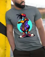 Cool Hip Hop Duck T-Shirt Streetwear Cartoon Graphic Tee - model wearing grey tee, leaning on column