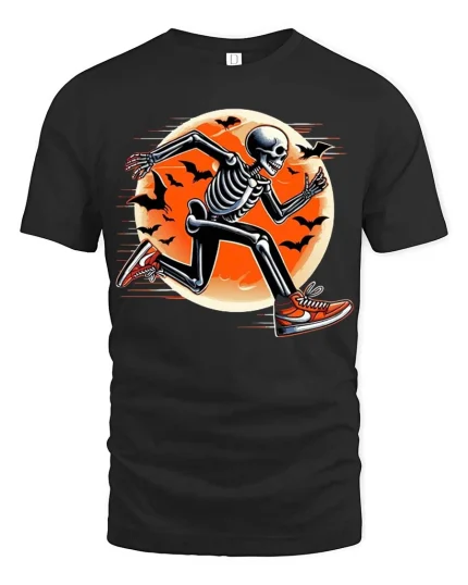 Running Skeleton Halloween Moon Funny Runner T-Shirt - black t-shirt on white background