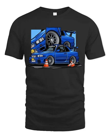 JDM Blue Skyline Sports Car Drift Racing Graphic T-Shirt - black t-shirt on white background