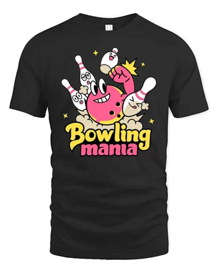 Bowling Mania Funny Bowling Cartoon Graphic T-Shirt - black t-shirt on white background