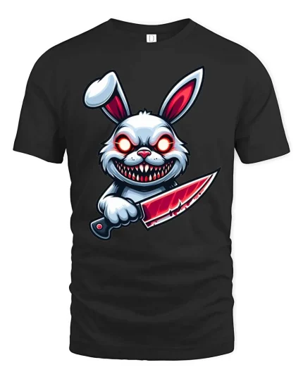 Psycho Killer Bunny Horror Cartoon Graphic T-Shirt - black t-shirt on white background