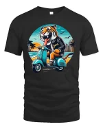 Jakarta Tiger Riding Scooter Retro Travel Graphic T-Shirt - black t-shirt on white background