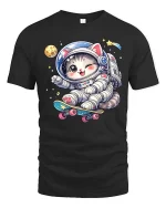 Cute Astronaut Cat Skateboard Space Cartoon Graphic T-Shirt - black t-shirt on white background