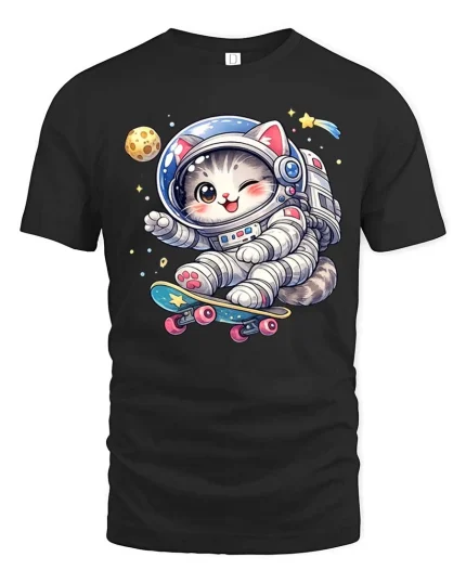 Cute Astronaut Cat Skateboard Space Cartoon Graphic T-Shirt - black t-shirt on white background