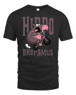 Hippo Dropamus Funny Hippo Riding Bike Cartoon T-Shirt - black t-shirt on white background