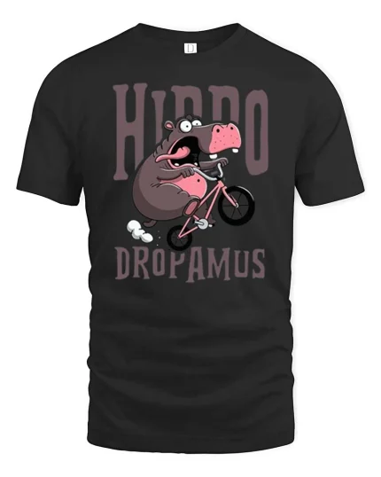 Hippo Dropamus Funny Hippo Riding Bike Cartoon T-Shirt - black t-shirt on white background