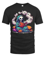 Cute Reading Grim Reaper Ghost Halloween Graphic T-Shirt - black t-shirt on white background