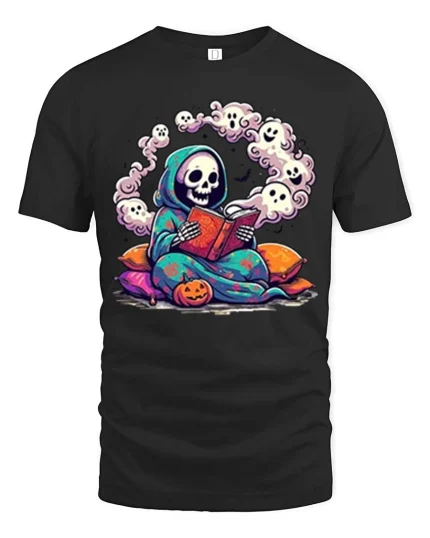 Cute Reading Grim Reaper Ghost Halloween Graphic T-Shirt - black t-shirt on white background