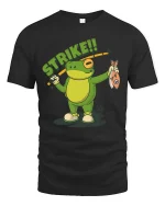 Strike Frog Fishing Funny Fisherman Cartoon T-Shirt - black t-shirt on white background