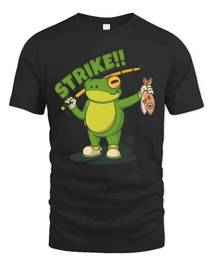 Strike Frog Fishing Funny Fisherman Cartoon T-Shirt - black t-shirt on white background